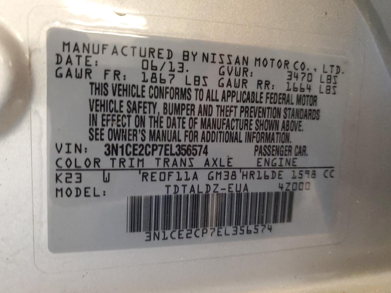 3N1CE2CP7EL356574 2014 Nissan Versa Note S