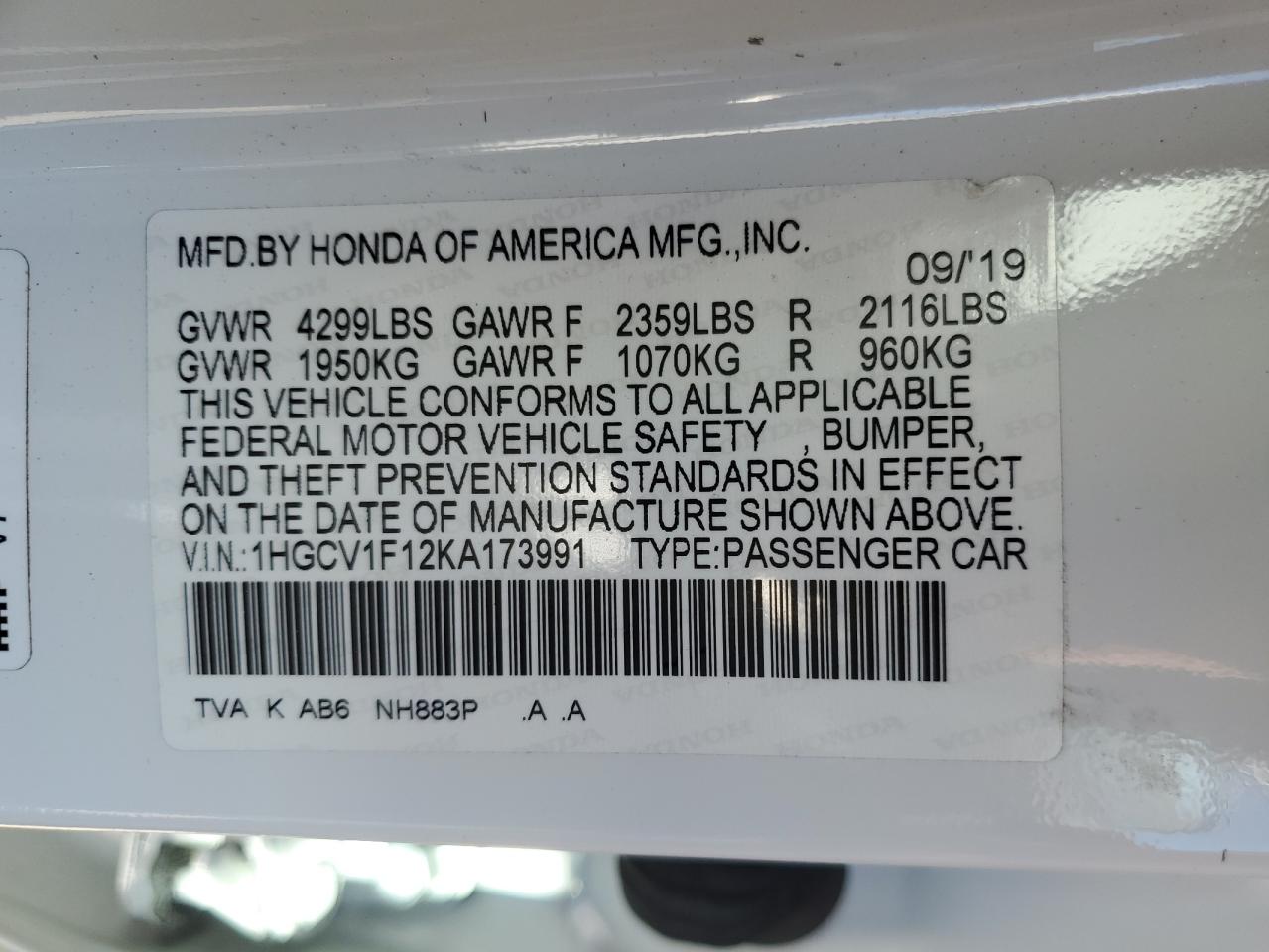 1HGCV1F12KA173991 2019 Honda Accord Lx