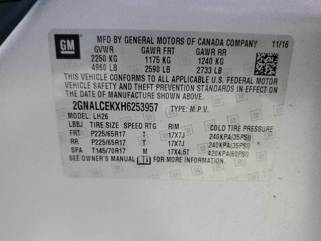 2GNALCEKXH6253957 2017 Chevrolet Equinox Lt