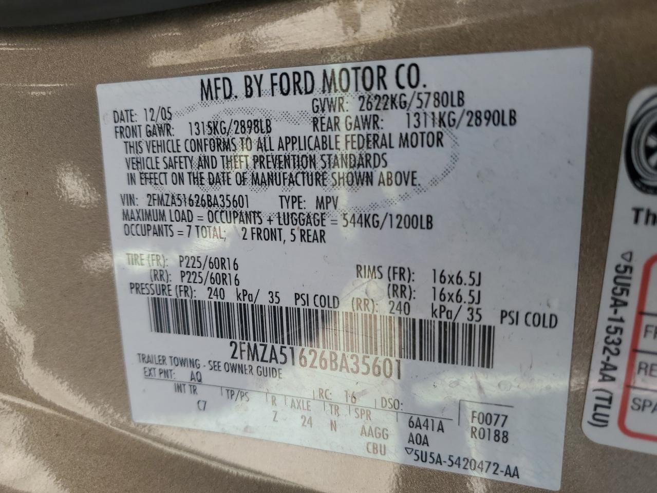 2FMZA51626BA35601 2006 Ford Freestar Se