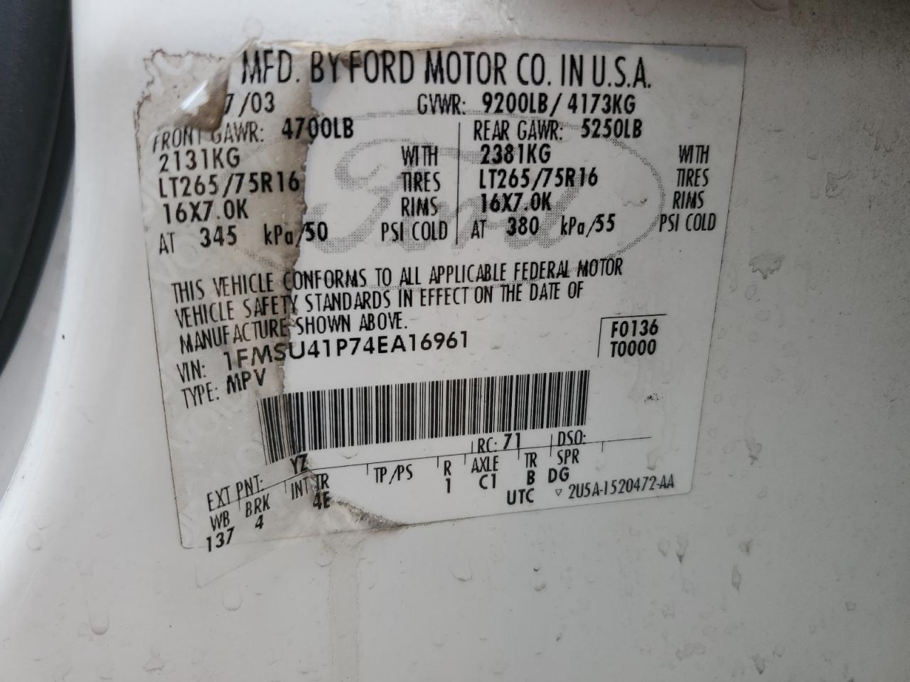 1FMSU41P74EA16961 2004 Ford Excursion Xlt