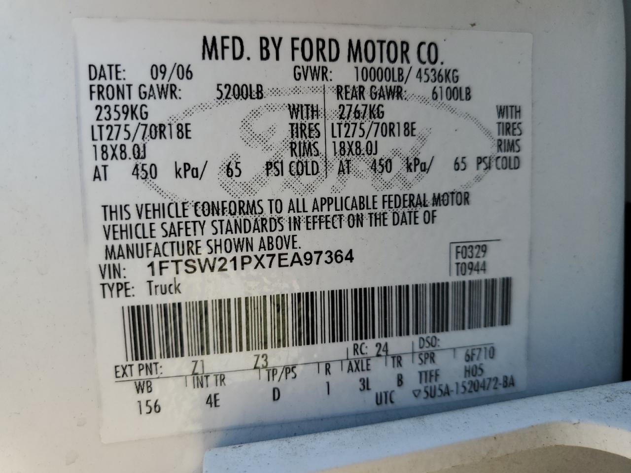 1FTSW21PX7EA97364 2007 Ford F250 Super Duty