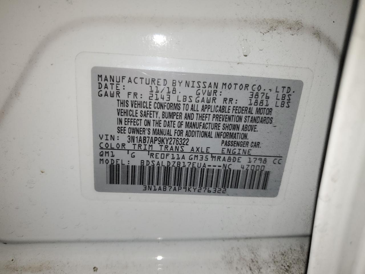 3N1AB7AP9KY276322 2019 Nissan Sentra S