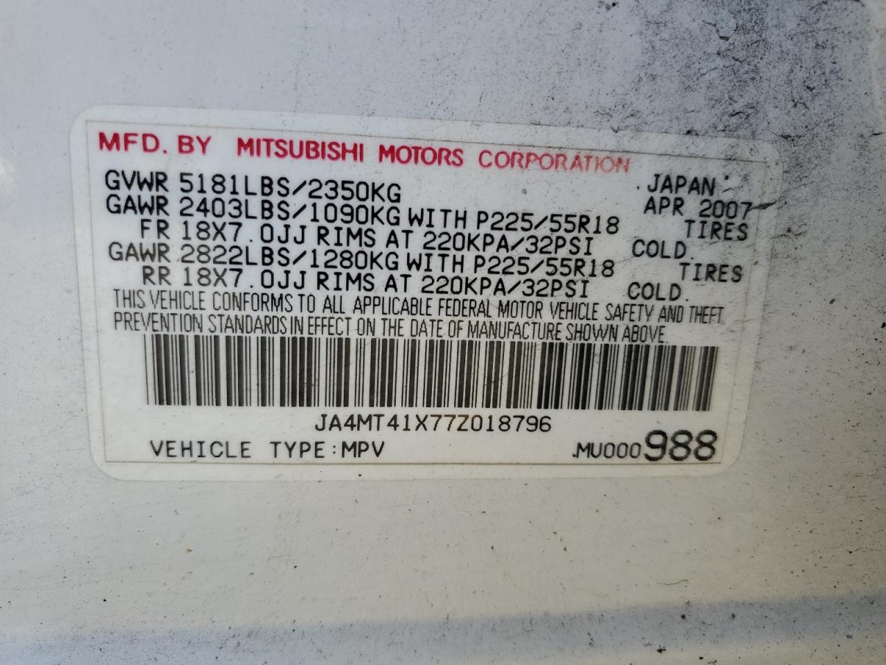 JA4MT41X77Z018796 2007 Mitsubishi Outlander Xls