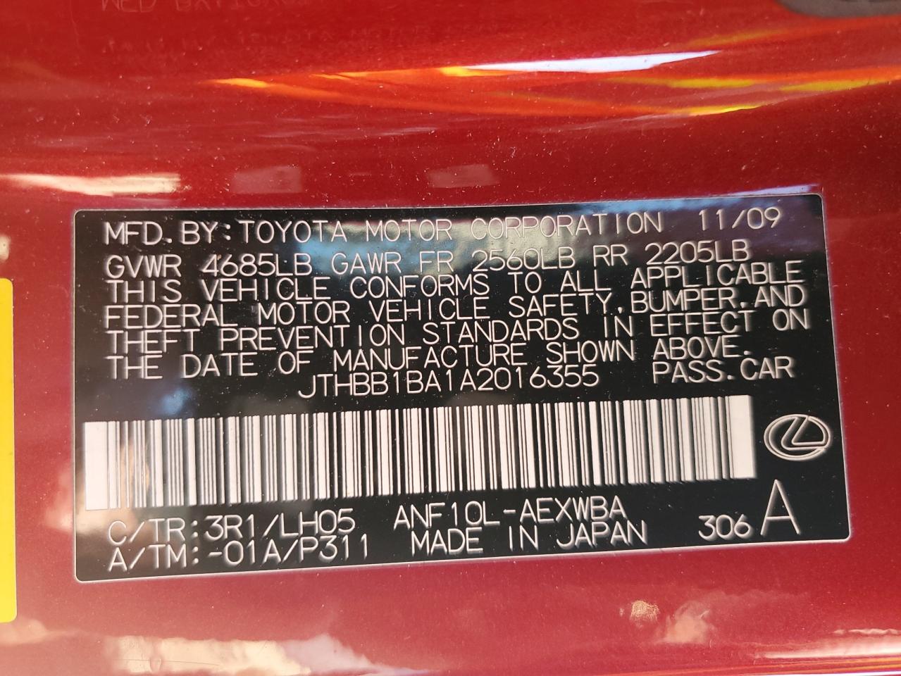 JTHBB1BA1A2016355 2010 Lexus Hs 250H