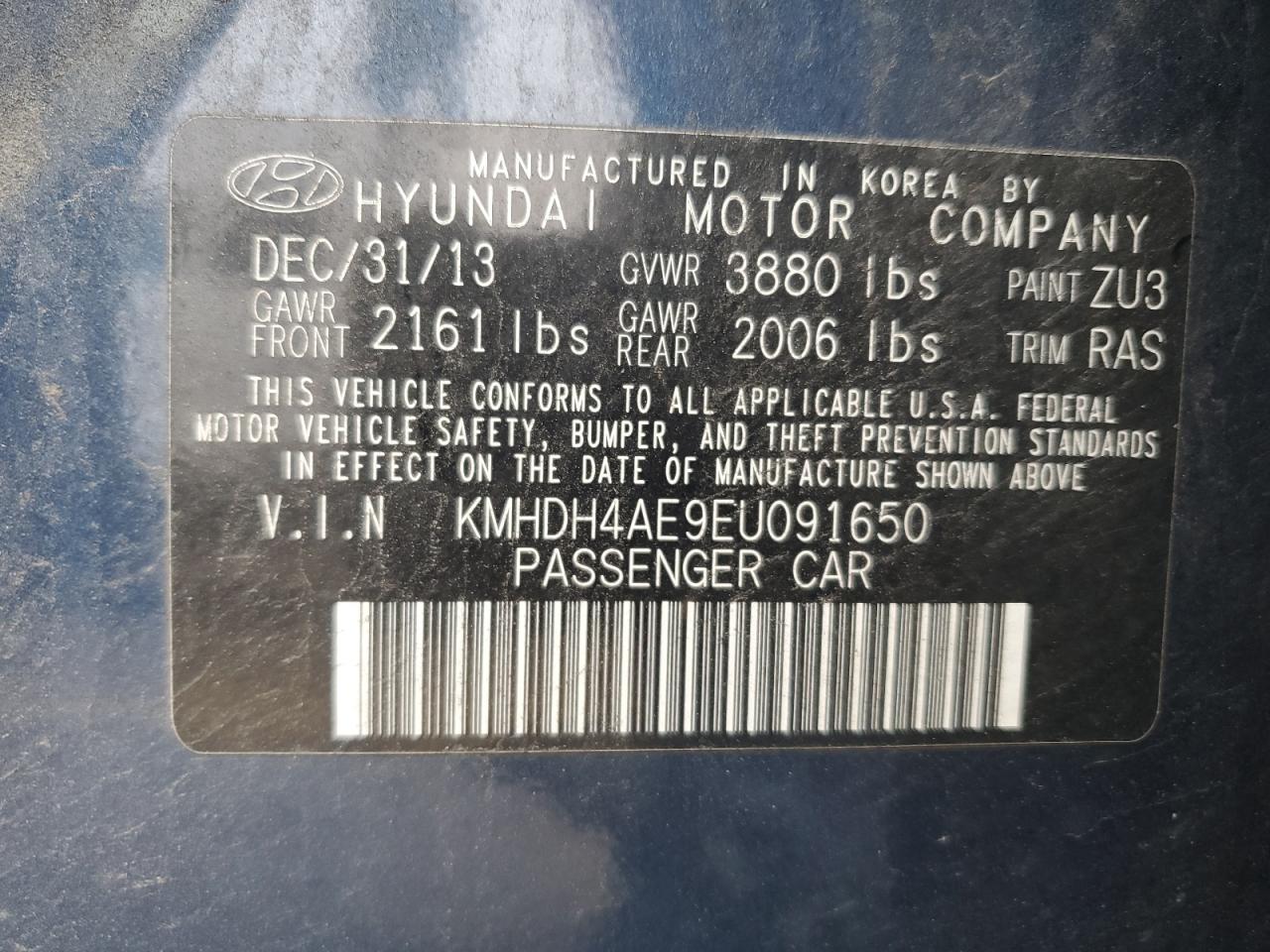 KMHDH4AE9EU091650 2014 Hyundai Elantra Se