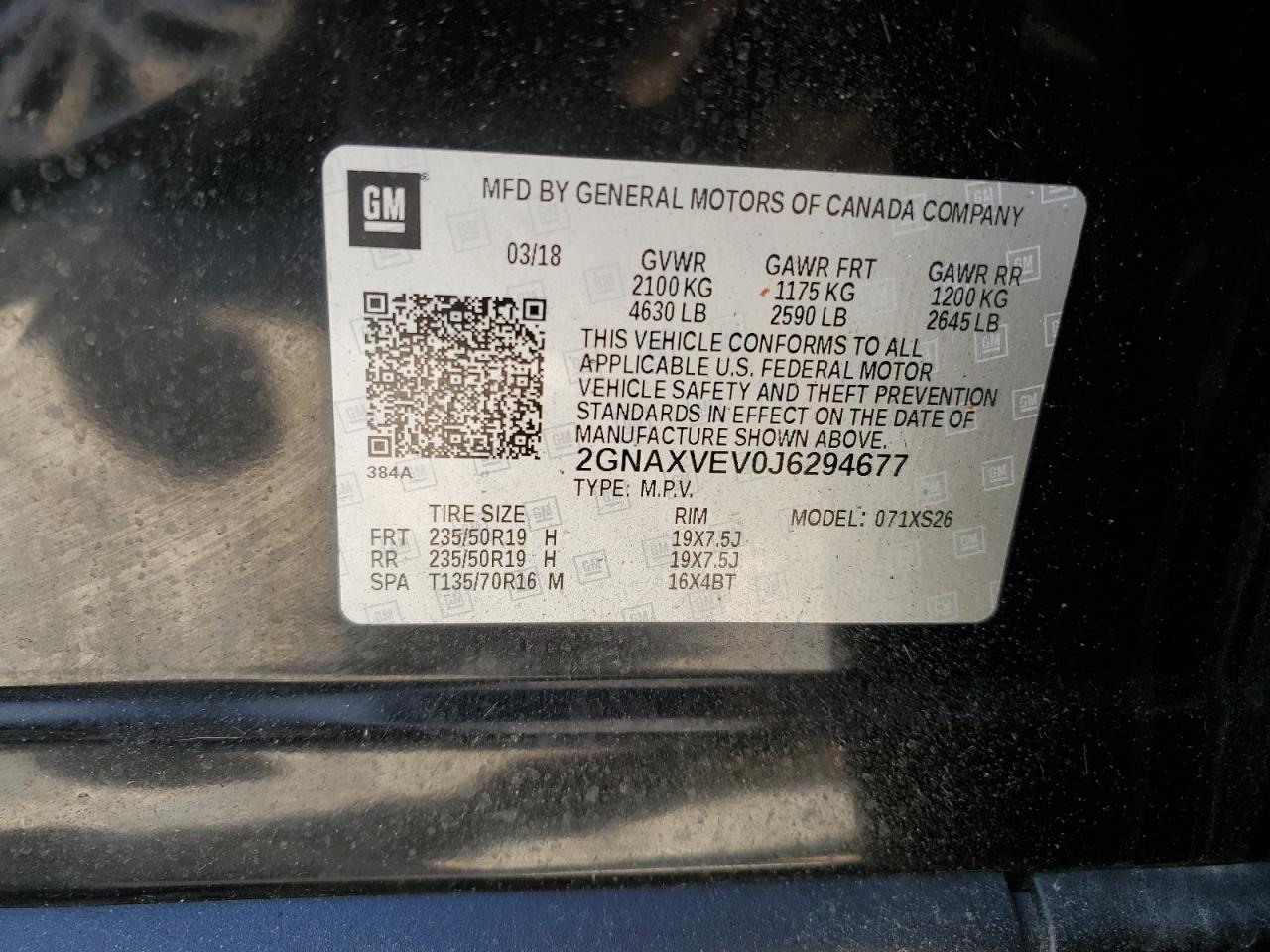 2GNAXVEV0J6294677 2018 Chevrolet Equinox Premier