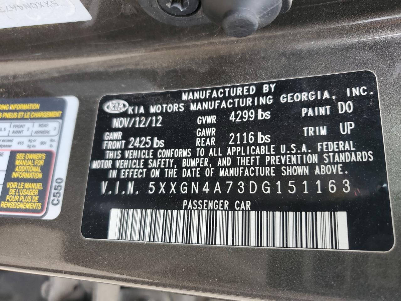 5XXGN4A73DG151163 2013 Kia Optima Ex