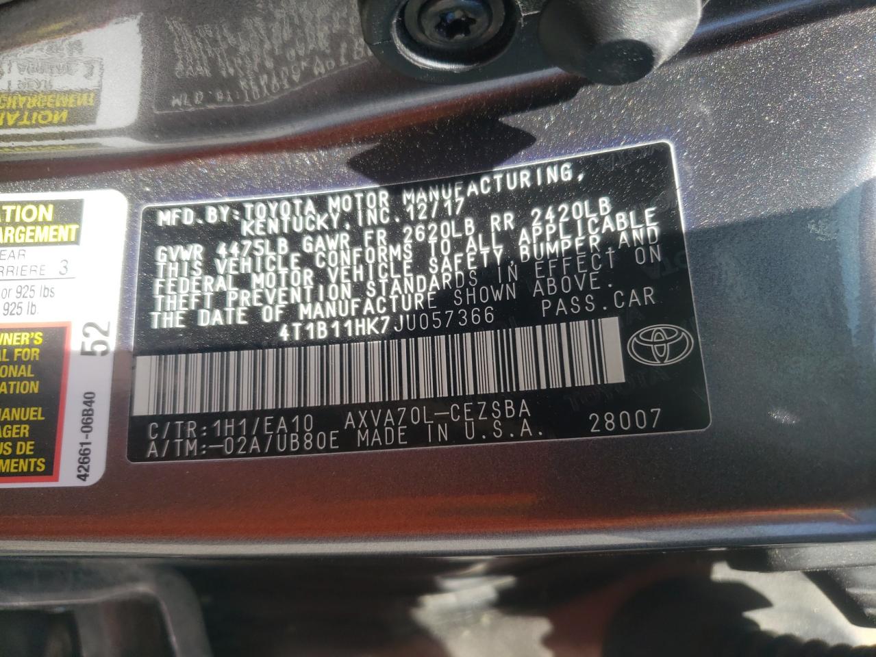 4T1B11HK7JU057366 2018 Toyota Camry L