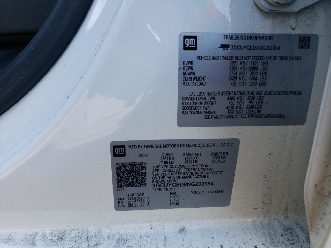 VIN: 3GCUYGED8NG201954 2022 CHEVROLET ALL Models