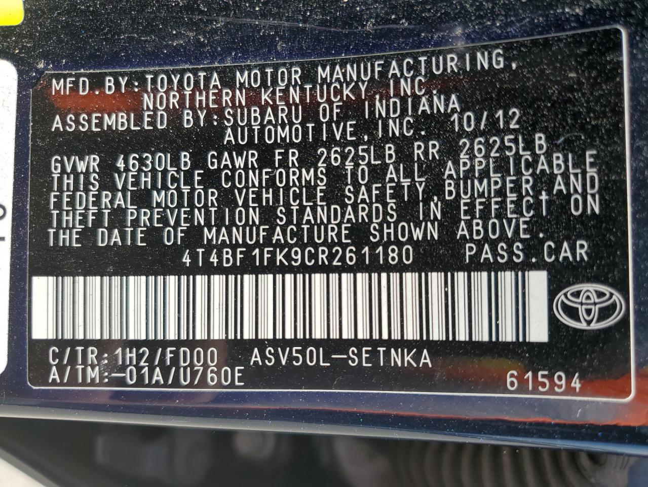 4T4BF1FK9CR261180 2012 Toyota Camry Base