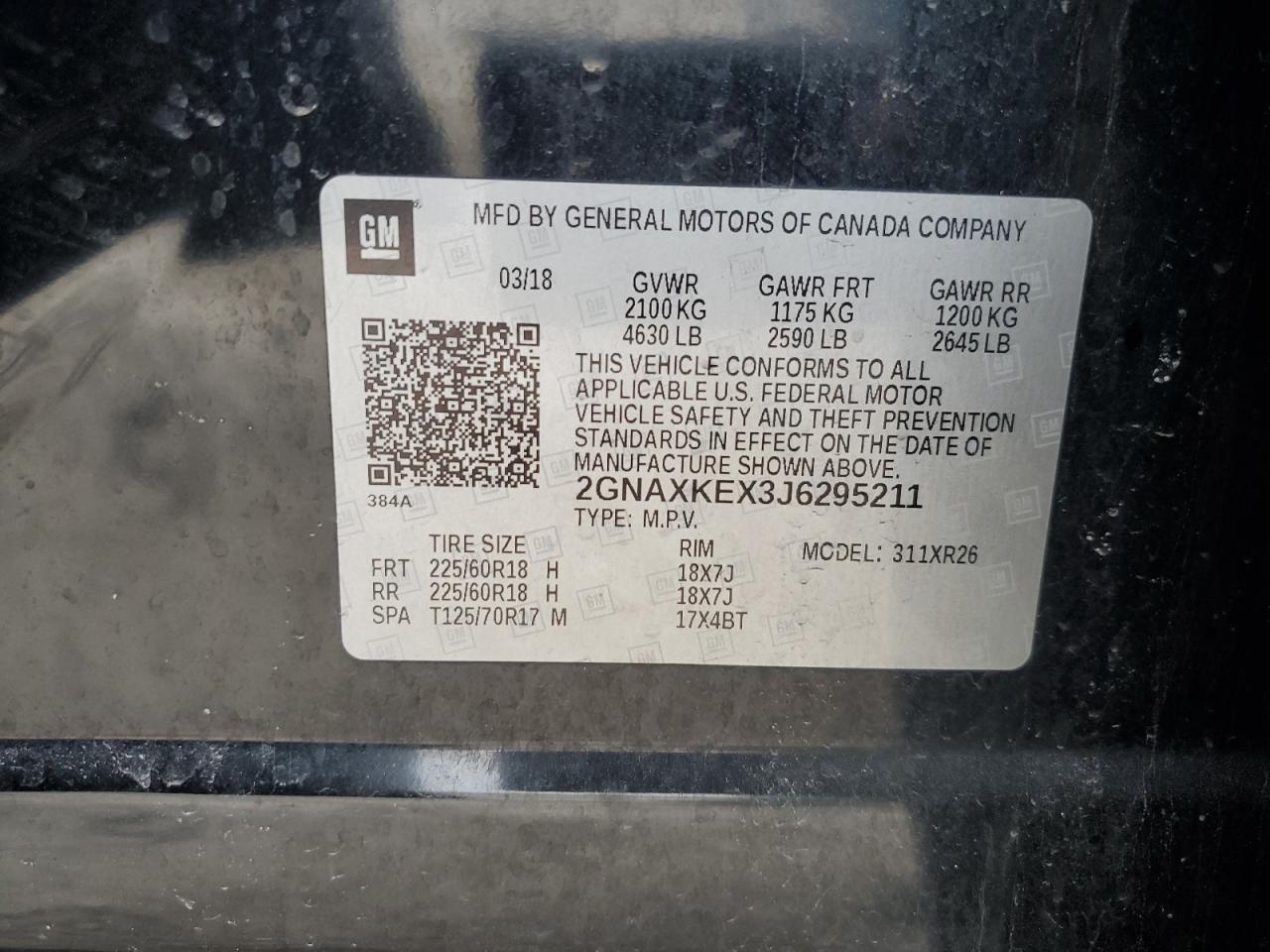 2GNAXKEX3J6295211 2018 Chevrolet Equinox Lt