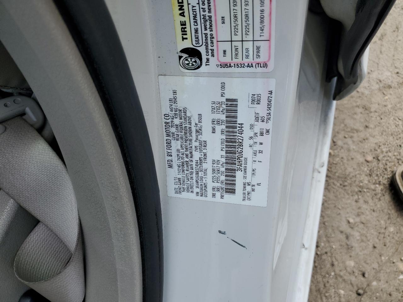 3FAHP0JG2BR274044 2011 Ford Fusion Sel