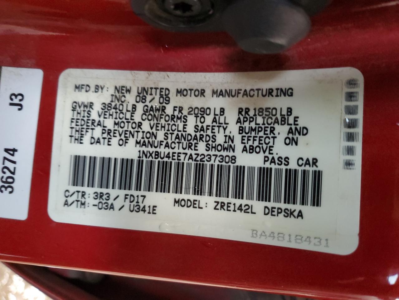 1NXBU4EE7AZ237308 2010 Toyota Corolla Base