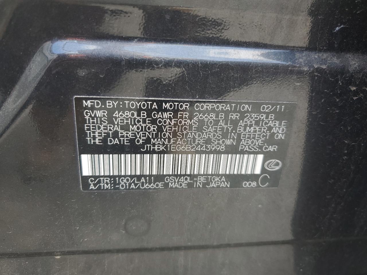 JTHBK1EG6B2443998 2011 Lexus Es 350