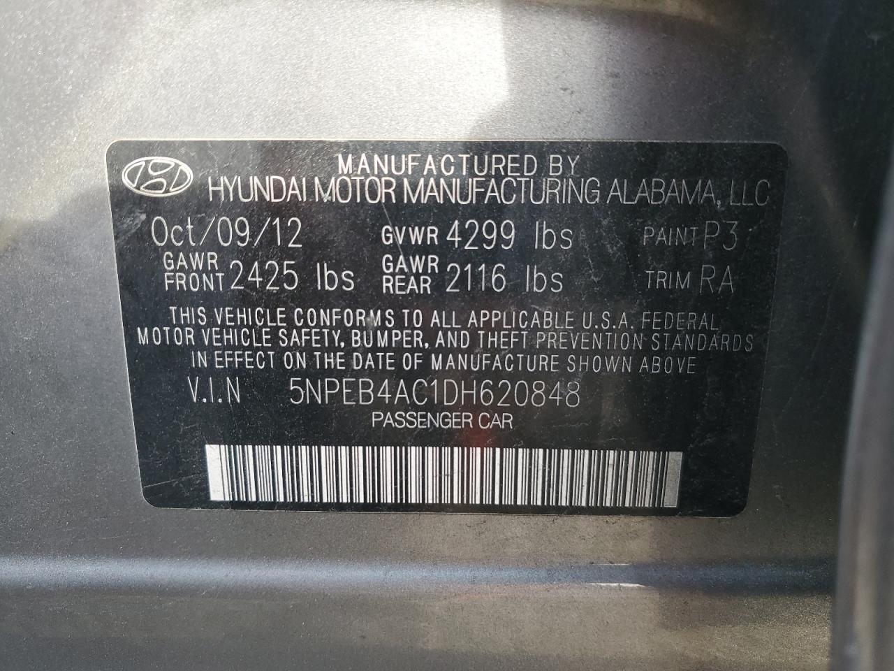 5NPEB4AC1DH620848 2013 Hyundai Sonata Gls