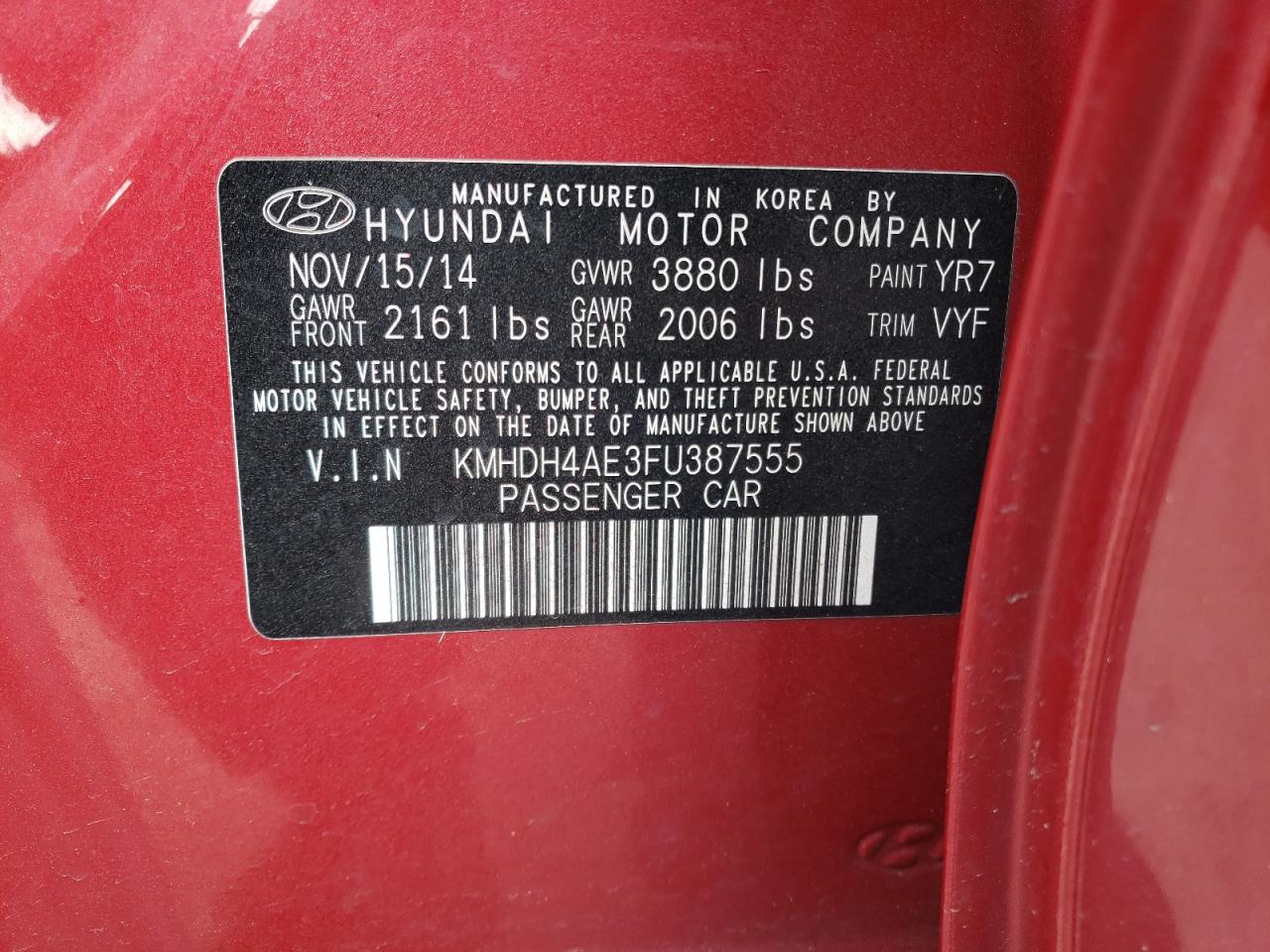 KMHDH4AE3FU387555 2015 Hyundai Elantra Se