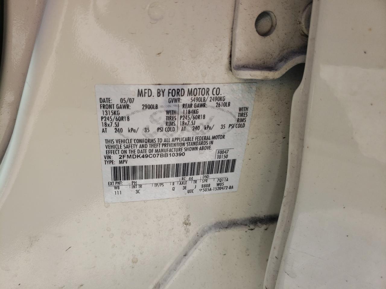 2FMDK49C07BB10390 2007 Ford Edge Sel Plus