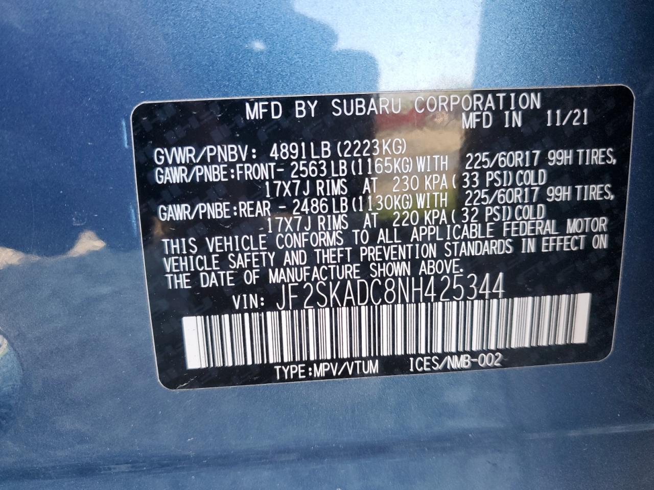 JF2SKADC8NH425344 2022 Subaru Forester Premium