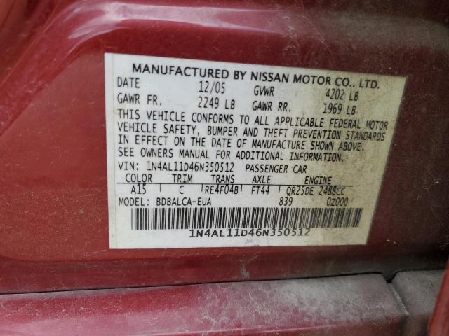 2006 Nissan Altima S VIN: 1N4AL11D46N350512 Lot: 49383454