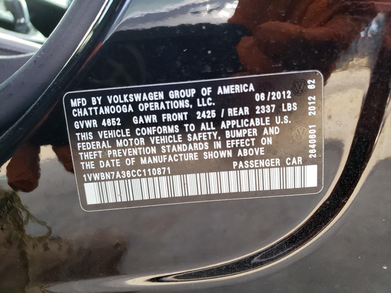 1VWBN7A36CC110871 2012 Volkswagen Passat Se