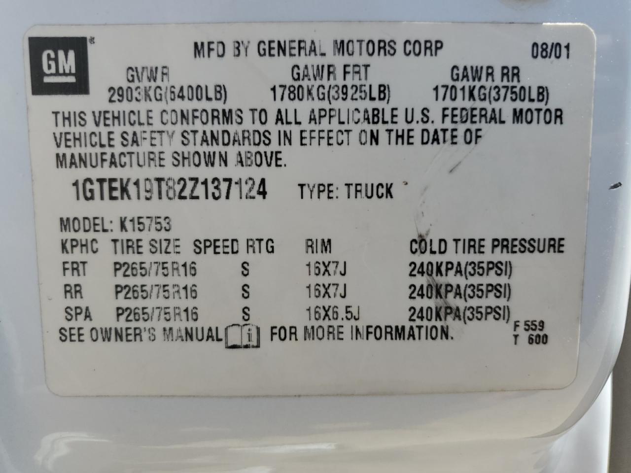 1GTEK19T82Z137124 2002 GMC New Sierra K1500