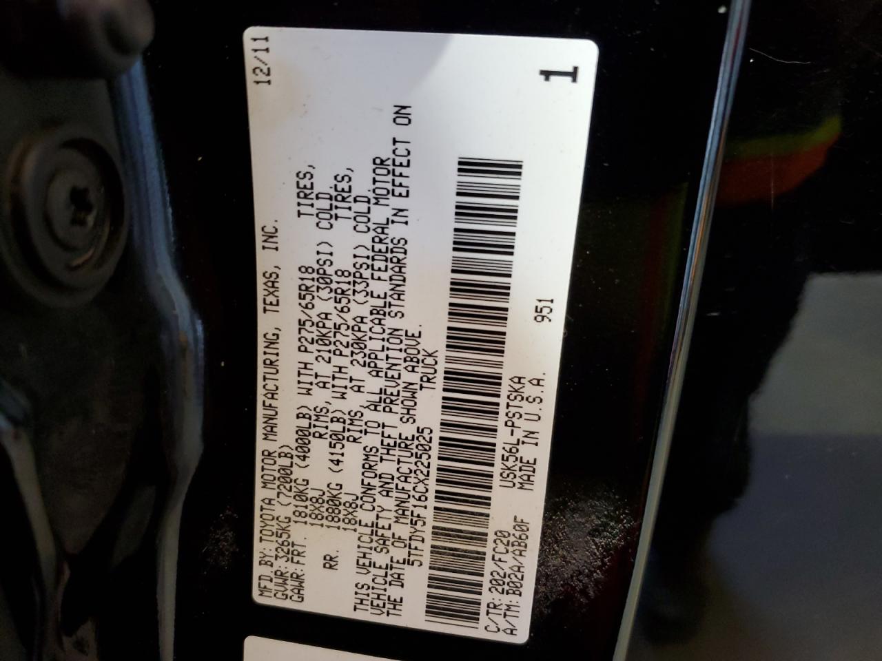 5TFDY5F16CX225025 2012 Toyota Tundra Crewmax Sr5