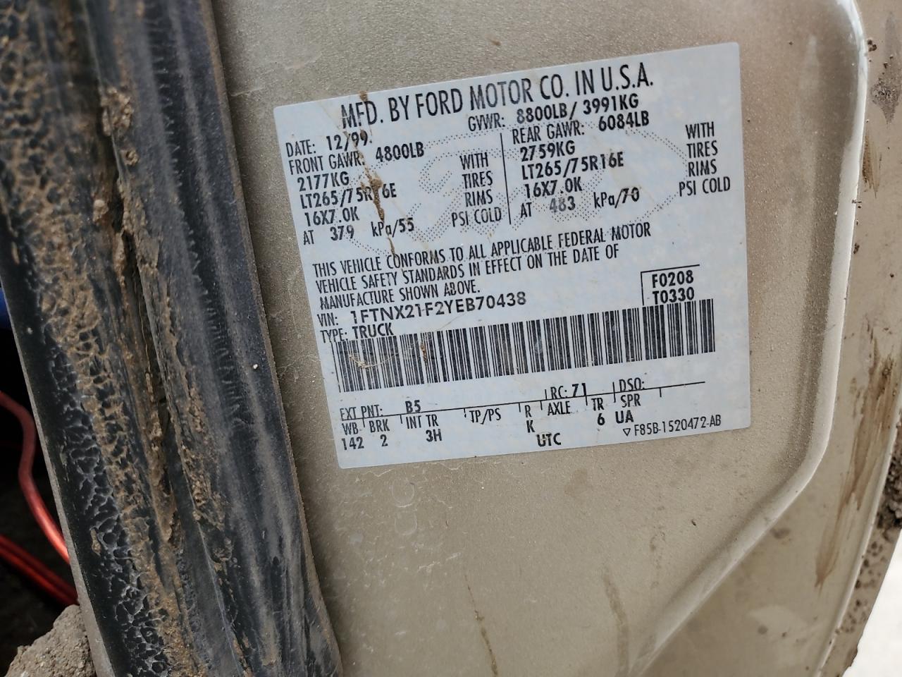 1FTNX21F2YEB70438 2000 Ford F250 Super Duty