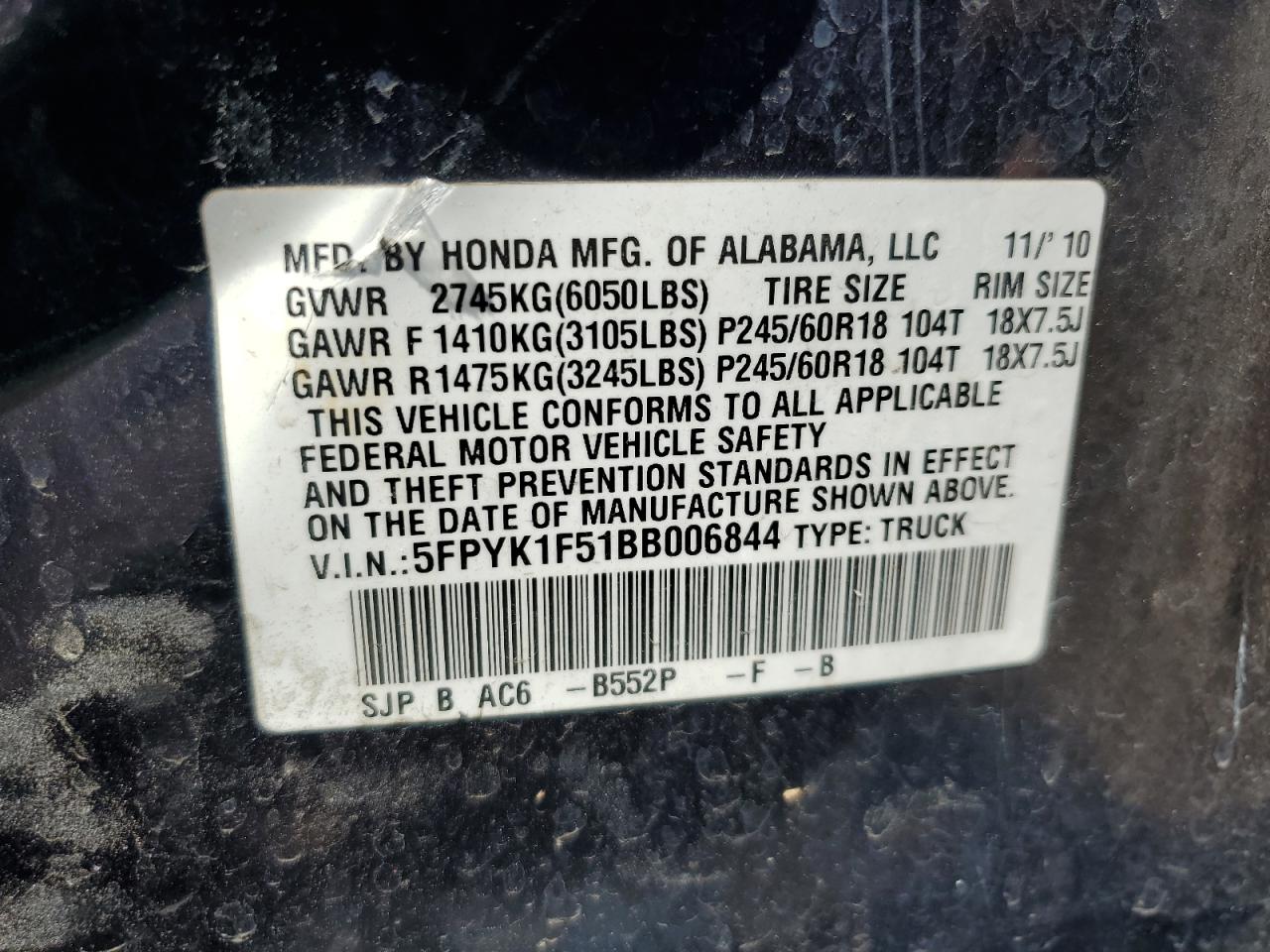 5FPYK1F51BB006844 2011 Honda Ridgeline Rtl