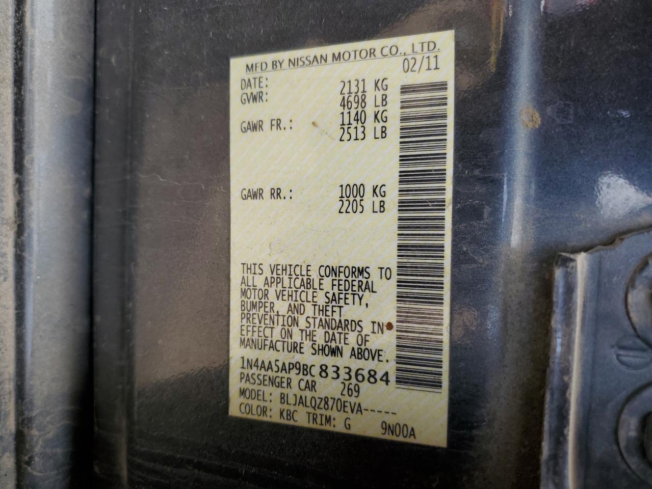 1N4AA5AP9BC833684 2011 Nissan Maxima S