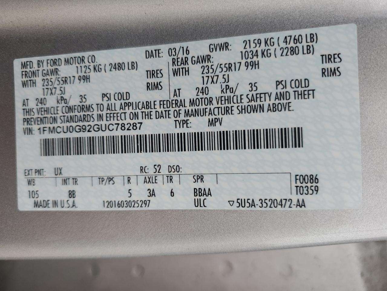 1FMCU0G92GUC78287 2016 Ford Escape Se