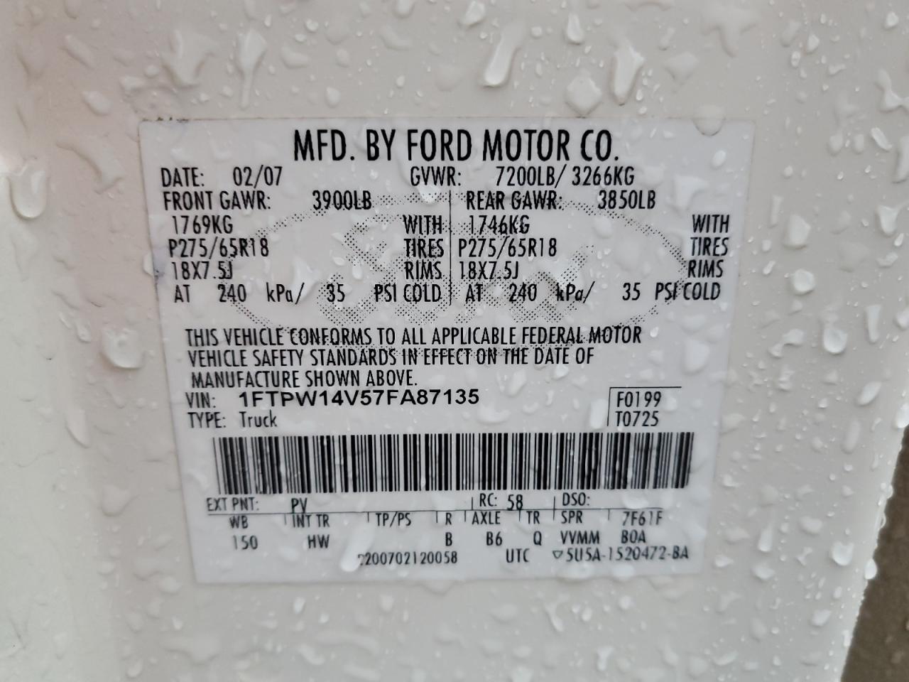 1FTPW14V57FA87135 2007 Ford F150 Supercrew 1FTPW14V57FA87135 2007 Ford F150 Supercrew