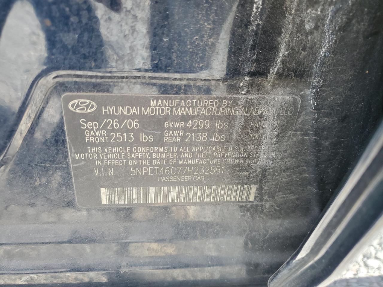 5NPET46C77H232551 2007 Hyundai Sonata Gls