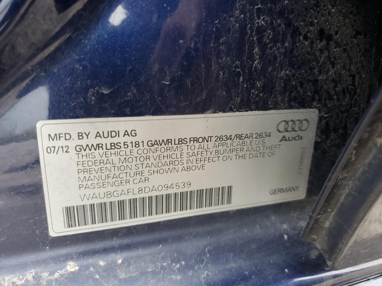 WAUBGAFL8DA094539 2013 Audi S4 Premium Plus