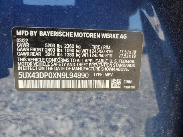 2022 BMW X3 Sdrive30I VIN: 5UX43DP0XN9L94890 Lot: 52013524