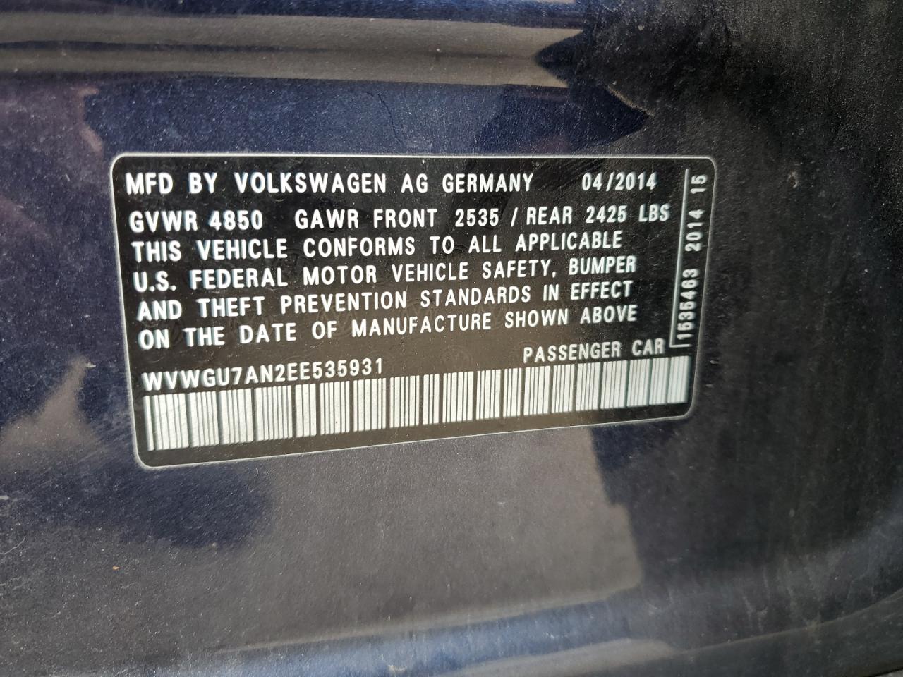 WVWGU7AN2EE535931 2014 Volkswagen Cc Vr6 4Motion