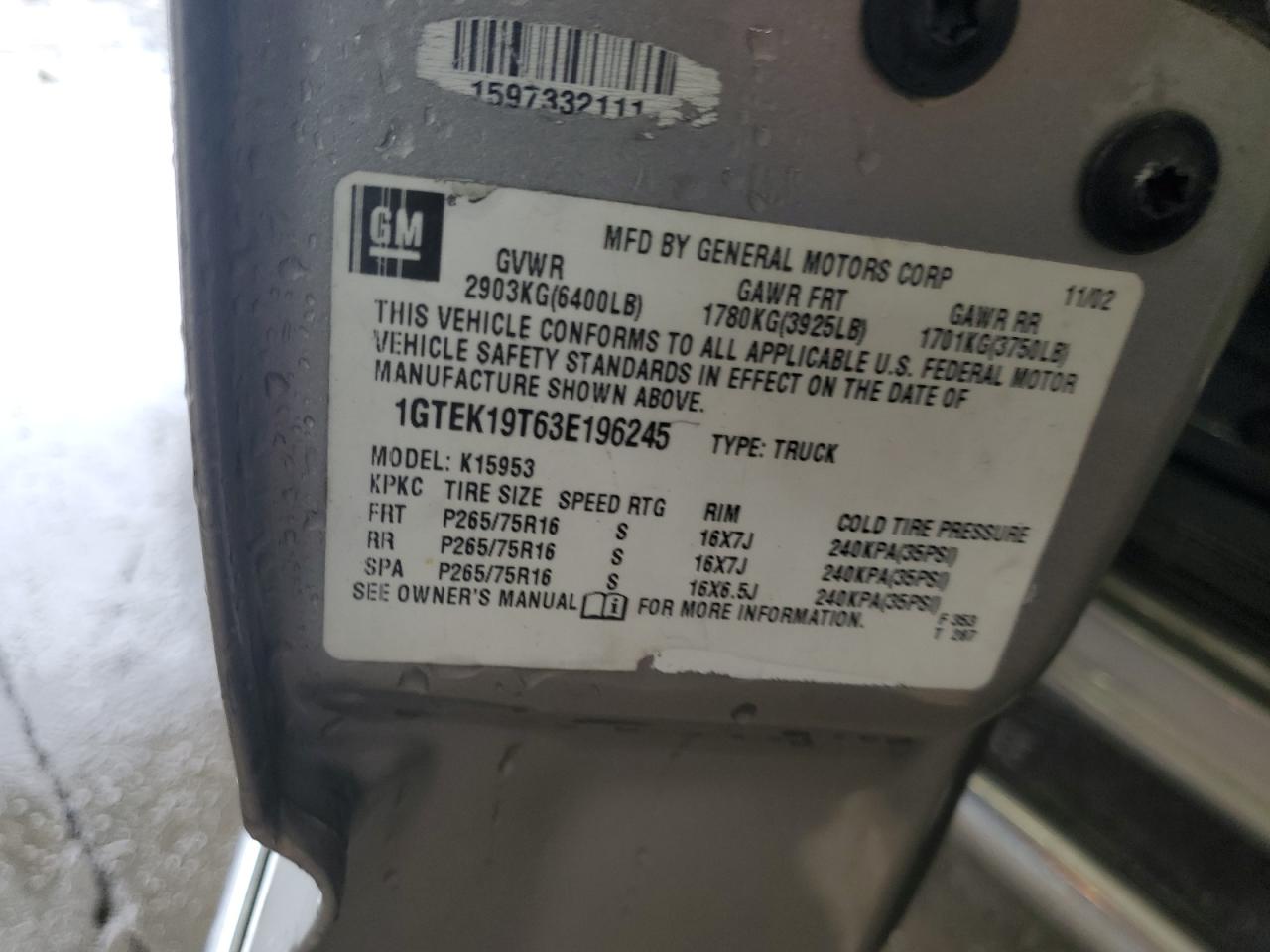 1GTEK19T63E196245 2003 GMC New Sierra K1500