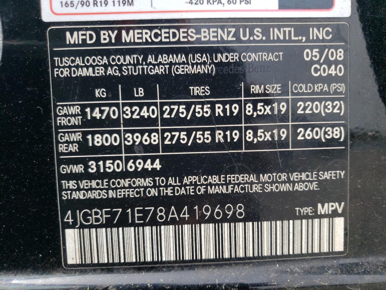 4JGBF71E78A419698 2008 Mercedes-Benz Gl 450 4Matic