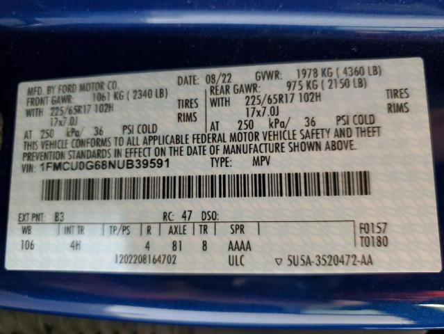 2022 Ford Escape Se VIN: 1FMCU0G68NUB39591 Lot: 52721874