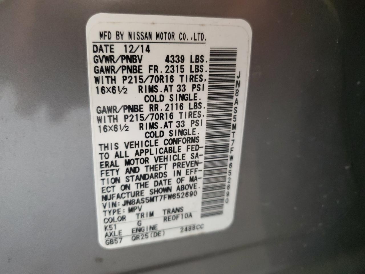 JN8AS5MT7FW652690 2015 Nissan Rogue Select S