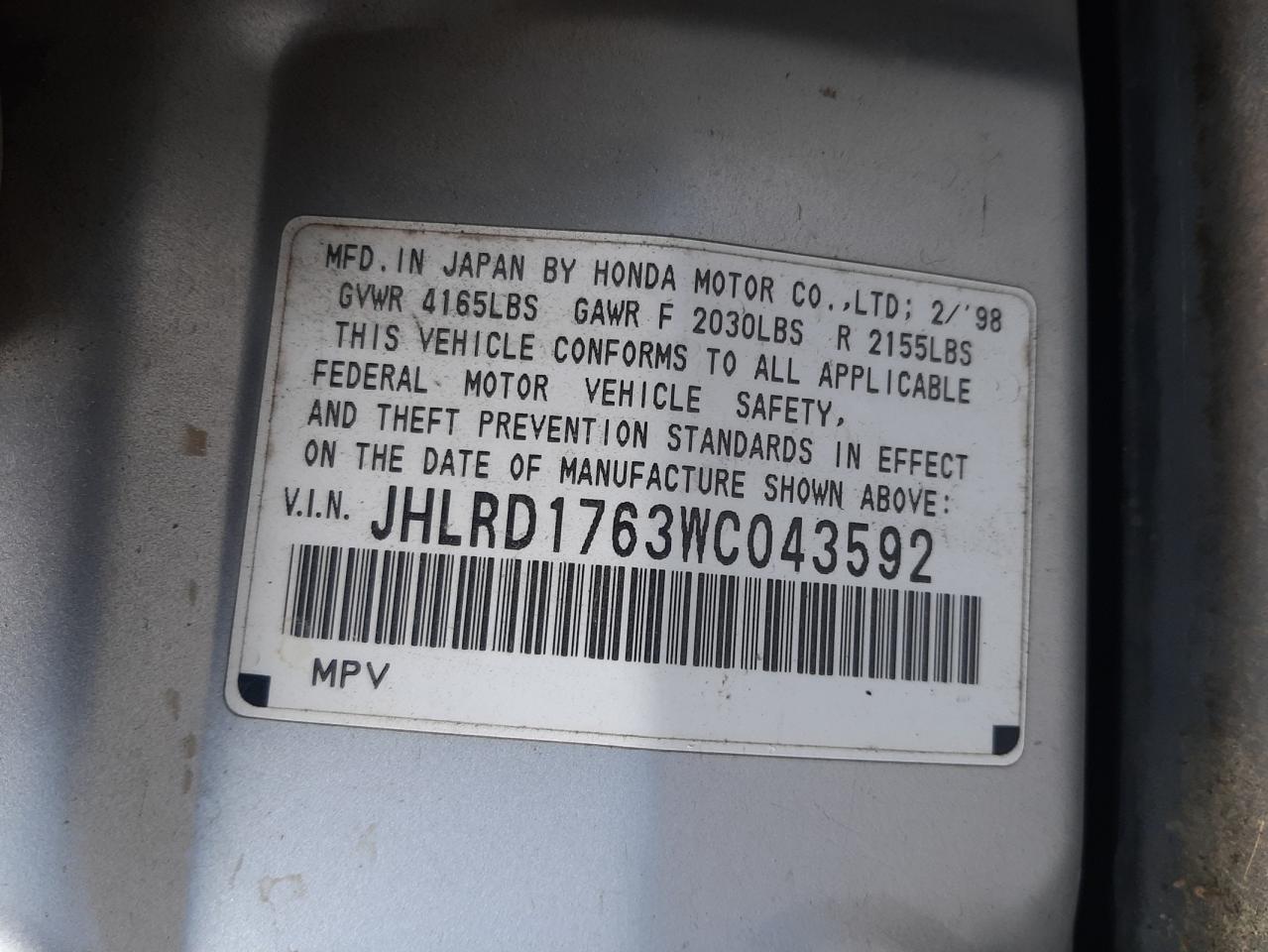 JHLRD1763WC043592 1998 Honda Cr-V Ex