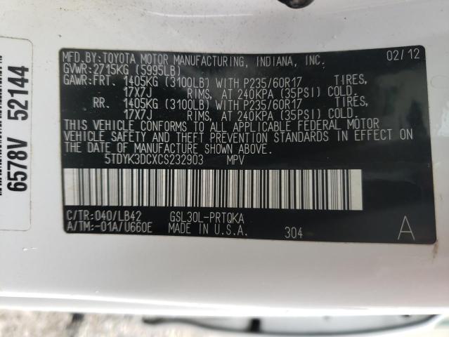 2012 Toyota Sienna Xle VIN: 5TDYK3DCXCS232903 Lot: 52777004