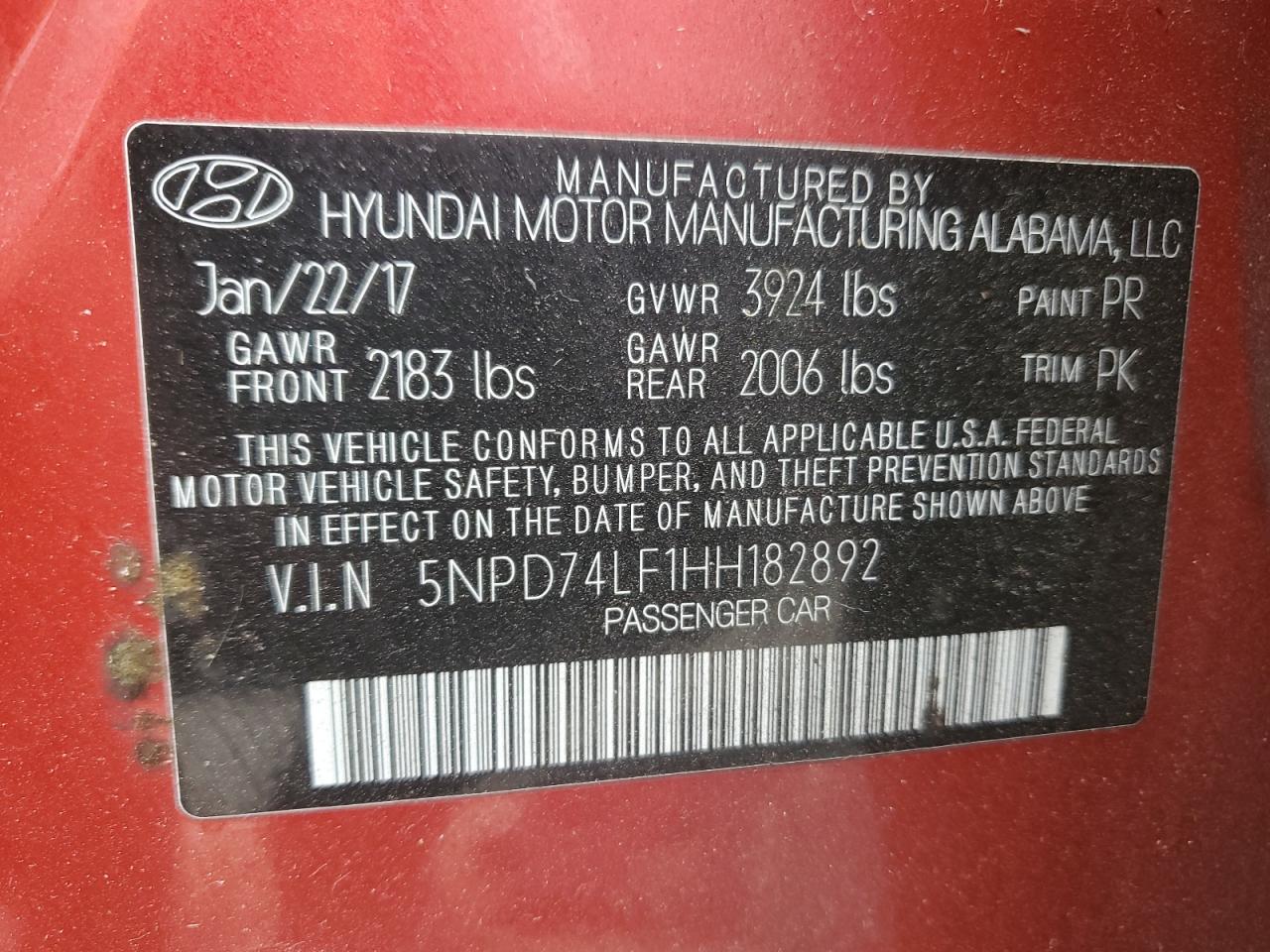 5NPD74LF1HH182892 2017 Hyundai Elantra Se