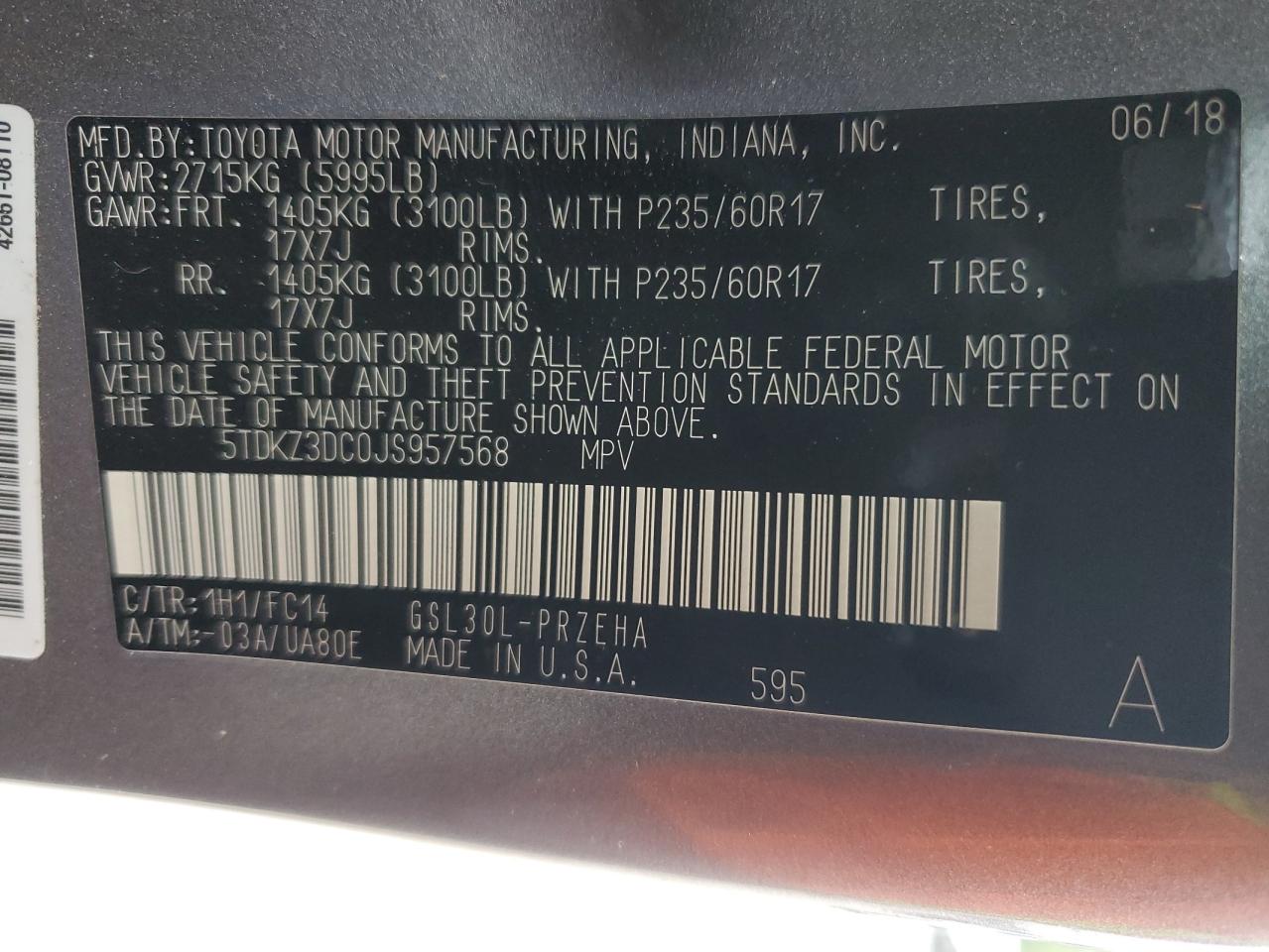 5TDKZ3DC0JS957568 2018 Toyota Sienna Le