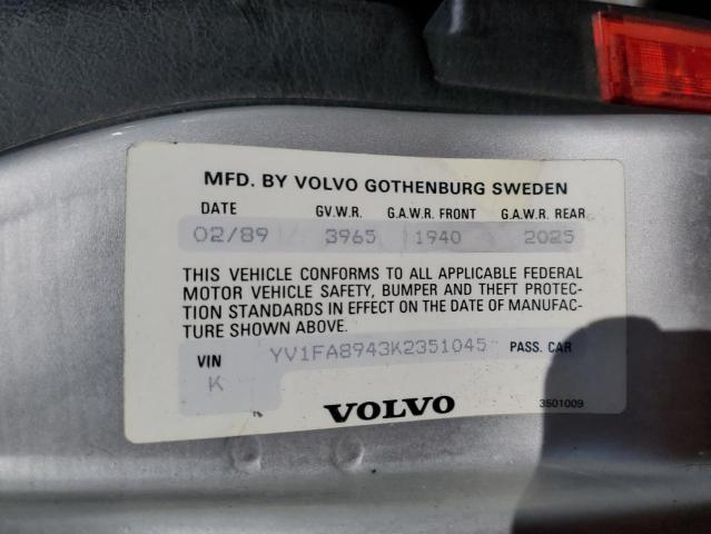 1989 Volvo 740 Gle VIN: YV1FA8943K2351045 Lot: 49399294