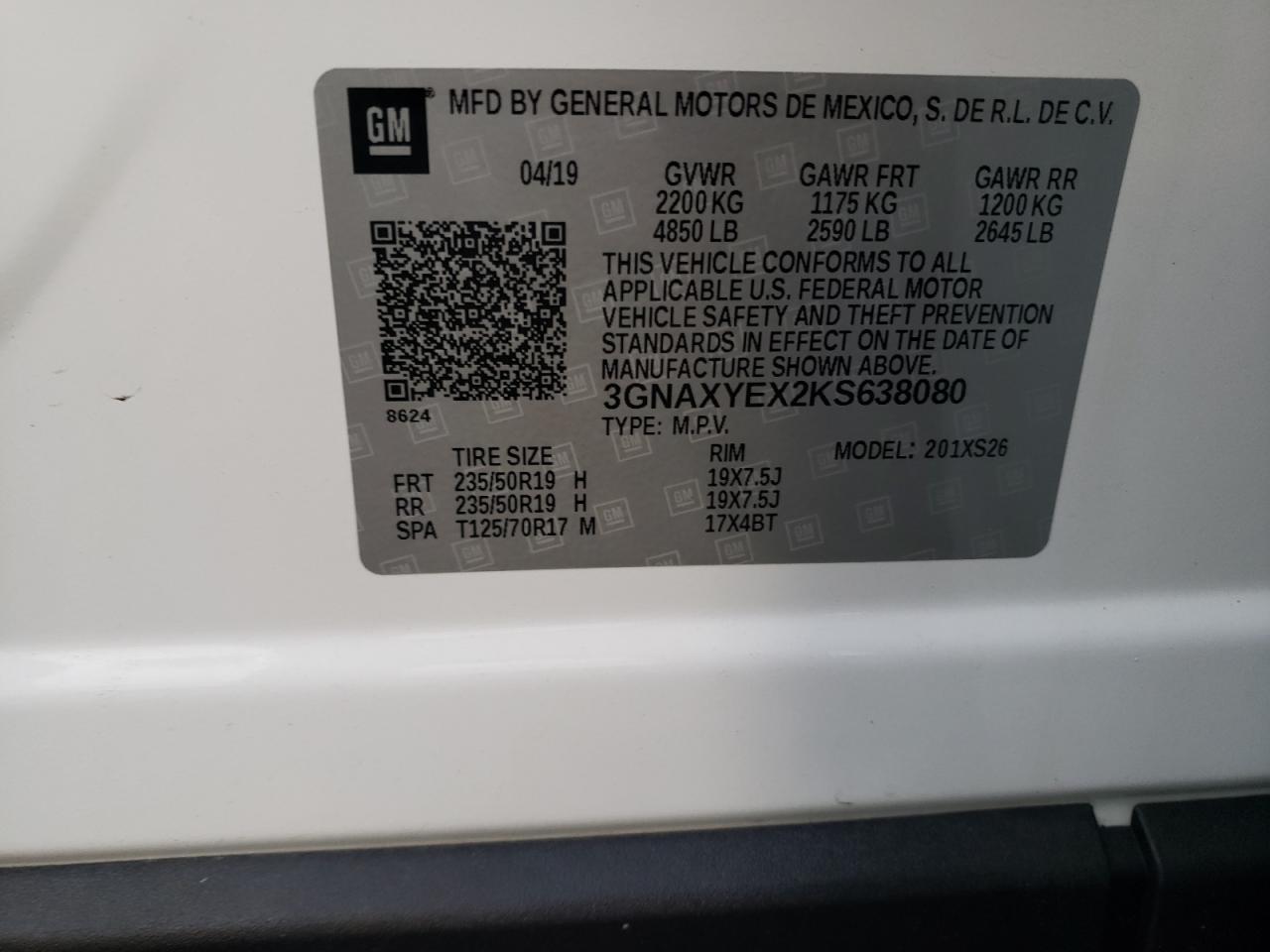 3GNAXYEX2KS638080 2019 Chevrolet Equinox Premier