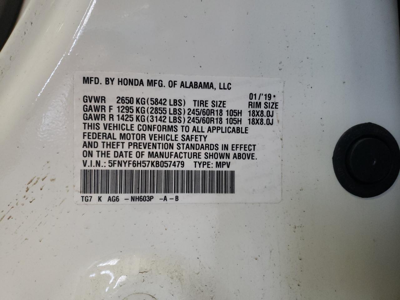 5FNYF6H57KB057479 2019 Honda Pilot Exl