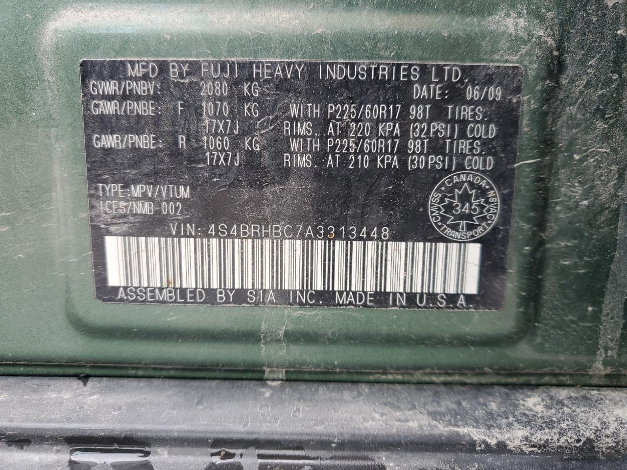 4S4BRHBC7A3313448 2010 Subaru Outback 2.5I Premium