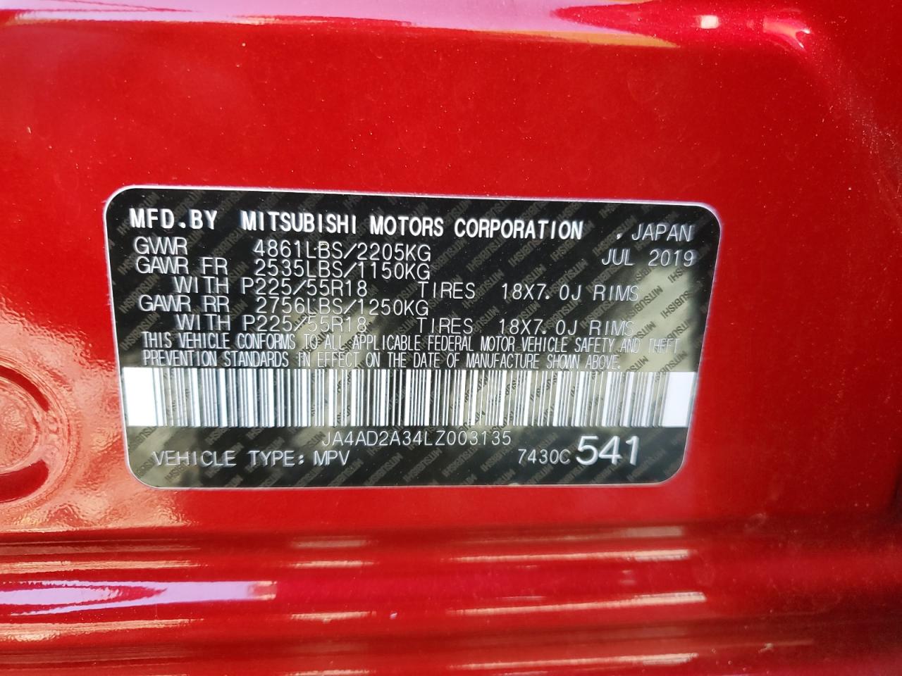 JA4AD2A34LZ003135 2020 Mitsubishi Outlander Es