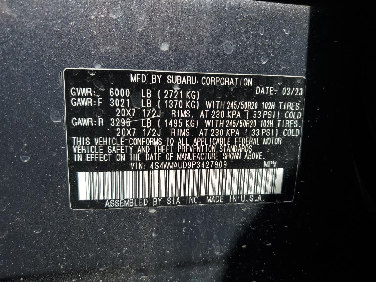 2023 Subaru Ascent Limited vin: 4S4WMAUD9P3427909